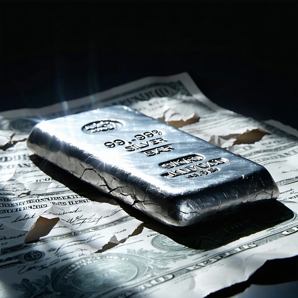 A 1 Kilogram 9999 Silver Bar resting on a crumpled paper certificate with light streaming in from one side symbolizing the contrast between real value and financial illusion-1