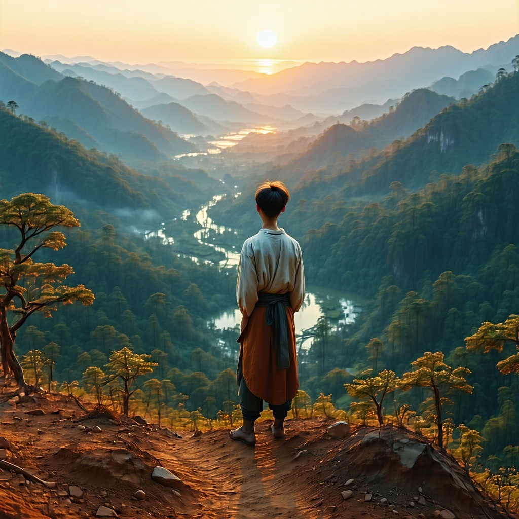 A calm confident person standing on a ridge at sunrise looking out over a vibrant valley where people are gathering building or planting The figure is slightly elevated symbolizing perspective and contribution Use warm uplifting colors and natural li