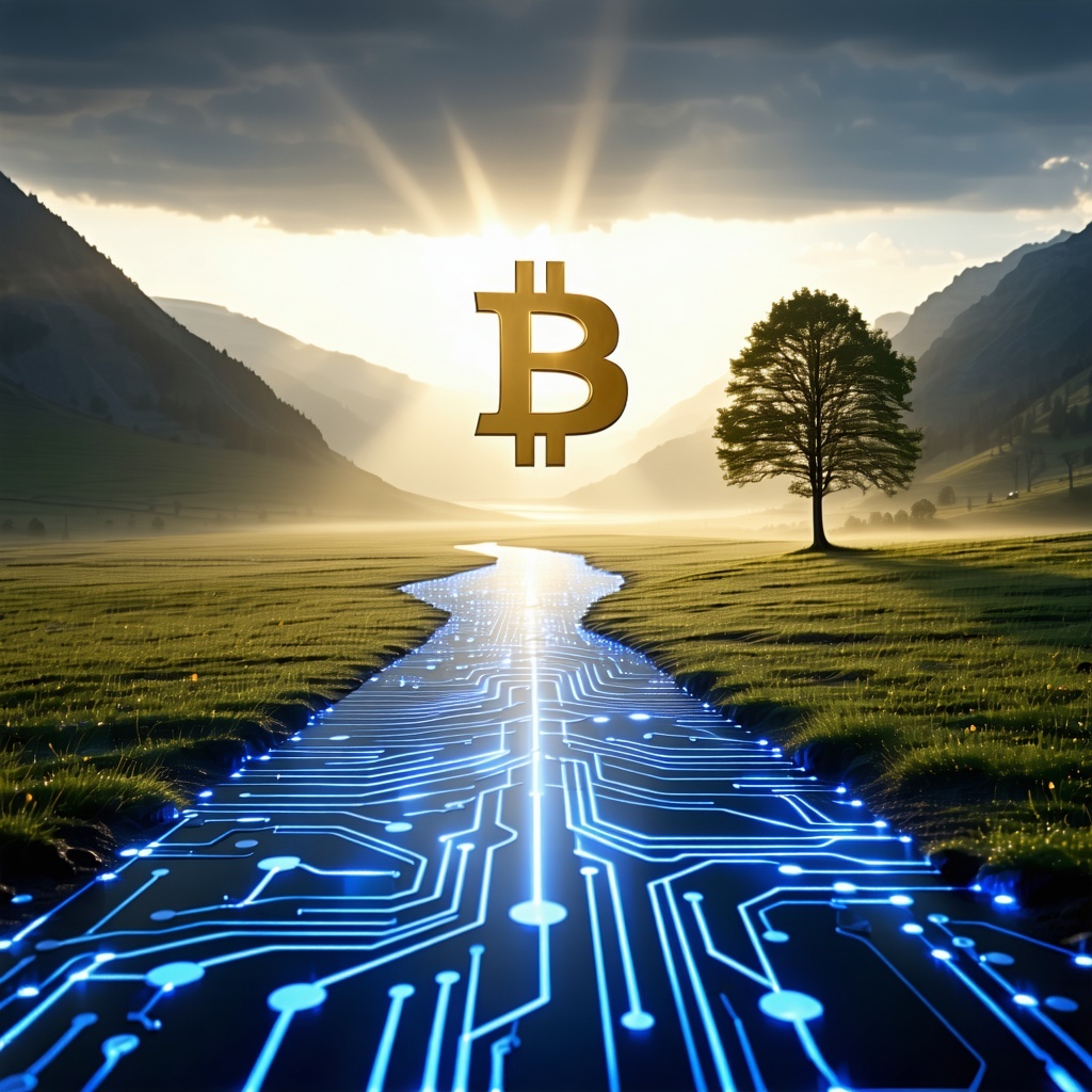 A calm modern visual of a golden Bitcoin symbol emerging from light within a natural landscape  such as sunrise breaking over a quiet valley or a lone tree standing beside a digital circuitpatterned path The image should suggest clarity sovereignty a-1