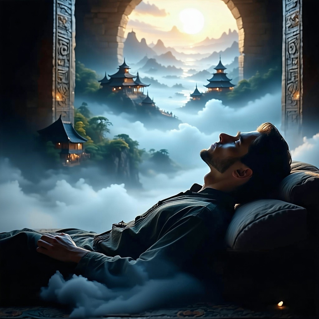 A calm person in a meditative or hypnotic state reclining peacefully with eyes closed Above their head a glowing portal or window reveals scenes from past lives medieval village ancient temple tribal ceremony floating like memories surfacing throug-3