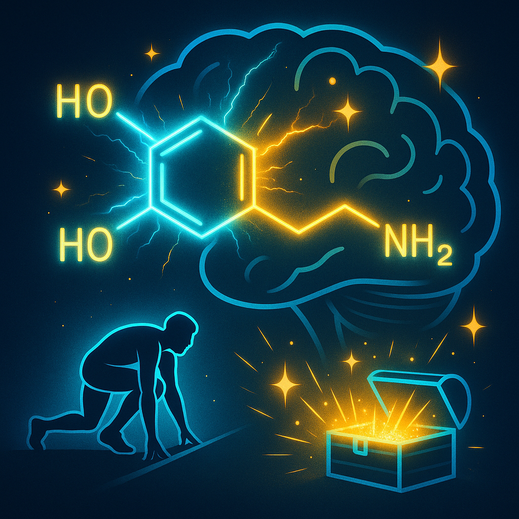 A dynamic digital illustration of dopamine molecule glowing in bright electric colors teal gold and blue orbiting around a stylized brain Subtle imagery of anticipation and motivation a runner at the start line a treasure chest just opening and spark-1