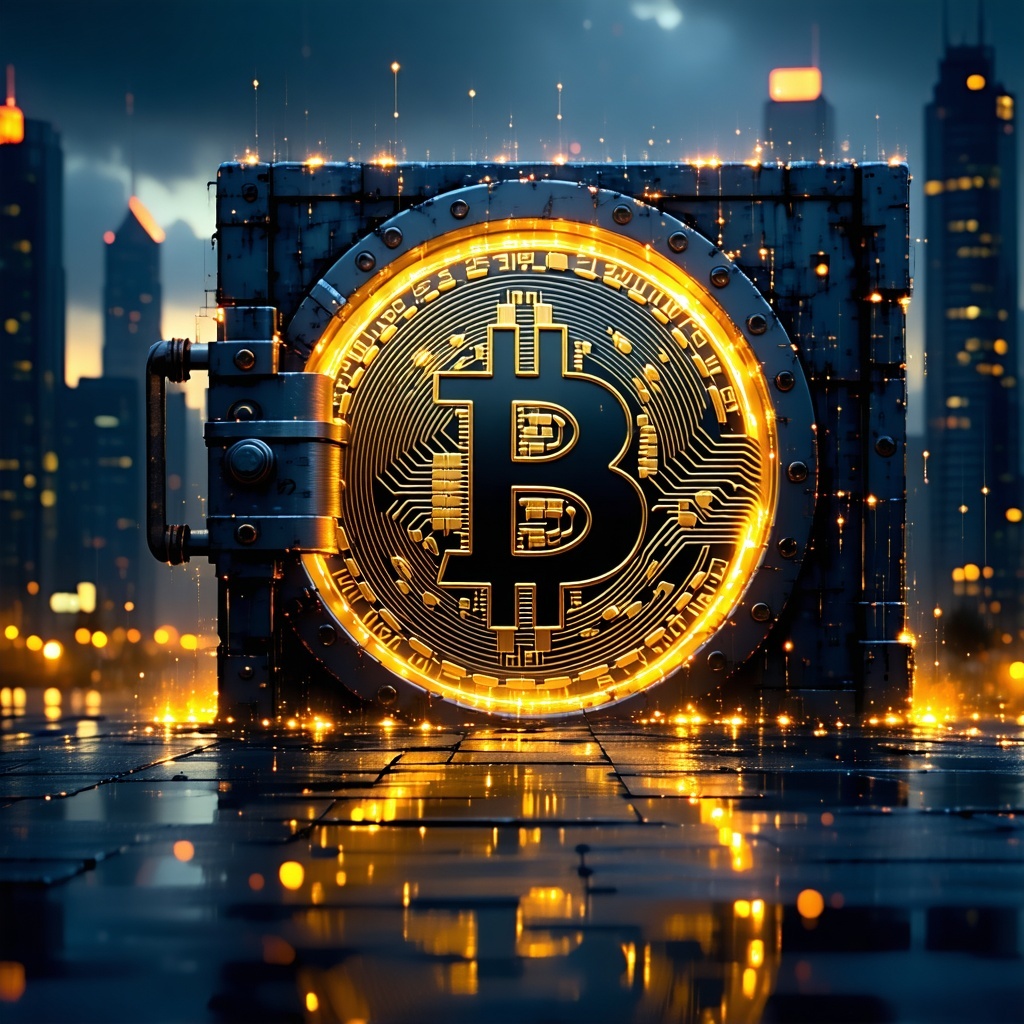 A glowing Bitcoin symbol emerging from a secure digital vault overlaid on a modern city skyline at dusk Symbolic of security trust and future finance Soft golden tones and minimal tech flare-3