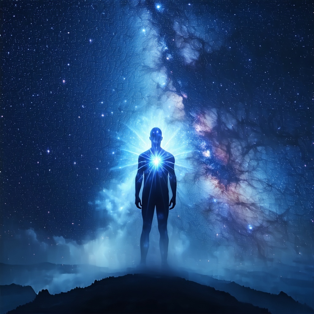 A glowing human silhouette standing in a vast galaxy with light radiating from within the chest The figure appears peaceful timeless and surrounded by stars Emphasize the feeling of soul beyond form Ethereal cinematic style-1