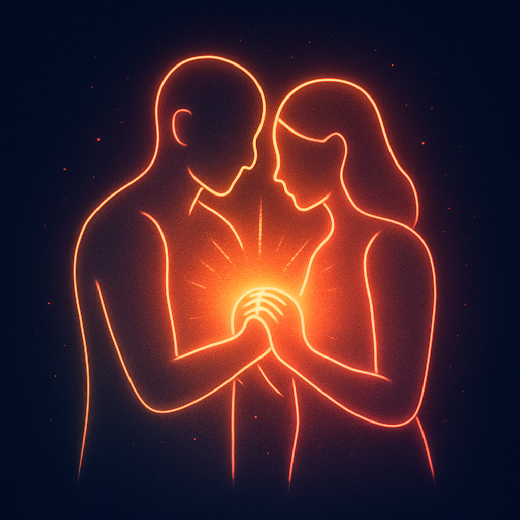 A glowing neonstyle digital illustration representing oxytocin as the bonding and trust molecule Show two human figures outlined in soft luminous light gently embracing or holding hands with a glowing aura radiating between them to symbolize connecti