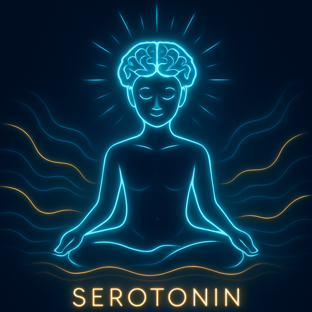 A glowing neonstyle digital illustration symbolizing serotonin as the calm and balance molecule A deep navy background with a neonoutlined brain radiating soft cyan and golden light The figure appears peaceful and centered surrounded by flowing wavel-1