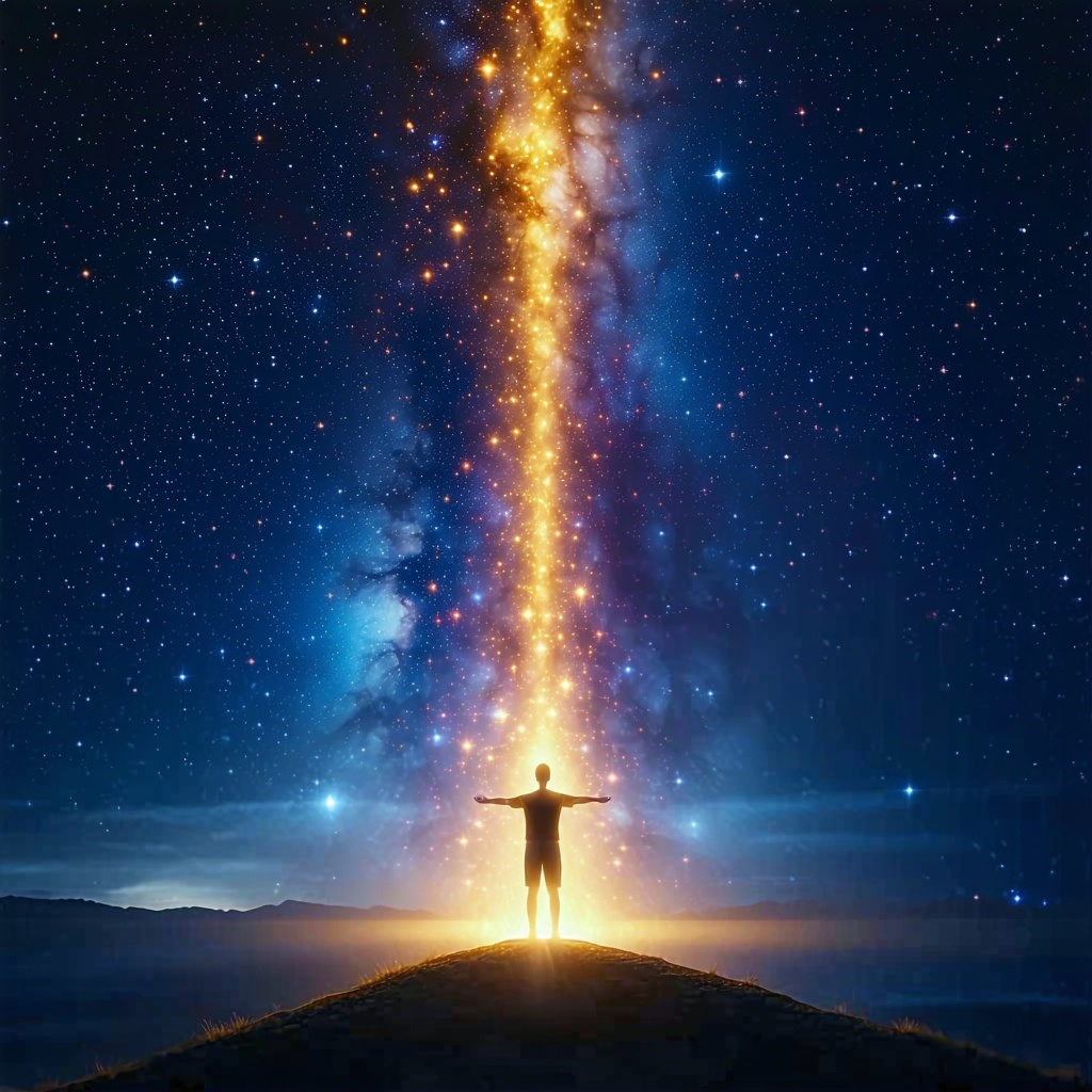A glowing thread of golden light extends from a persons heart upward into the cosmos connecting to a vast luminous field of divine energy The landscape is quiet and dreamlike  stars nebulae and soft light form a cosmic womb The person is serene with