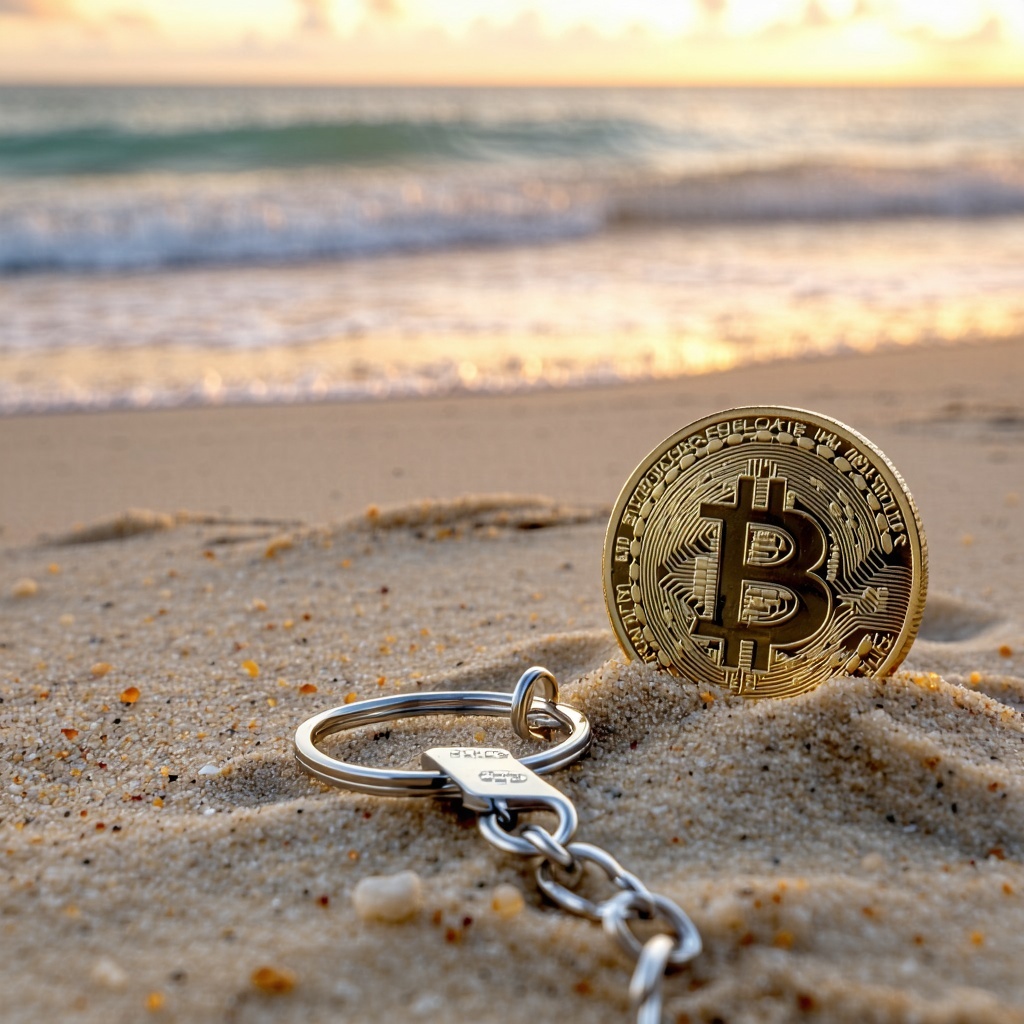 A lost keychain in the sand next to a glowing Bitcoin coin fading into the background Represents the danger of losing access Warm lighting thoughtprovoking tone-1