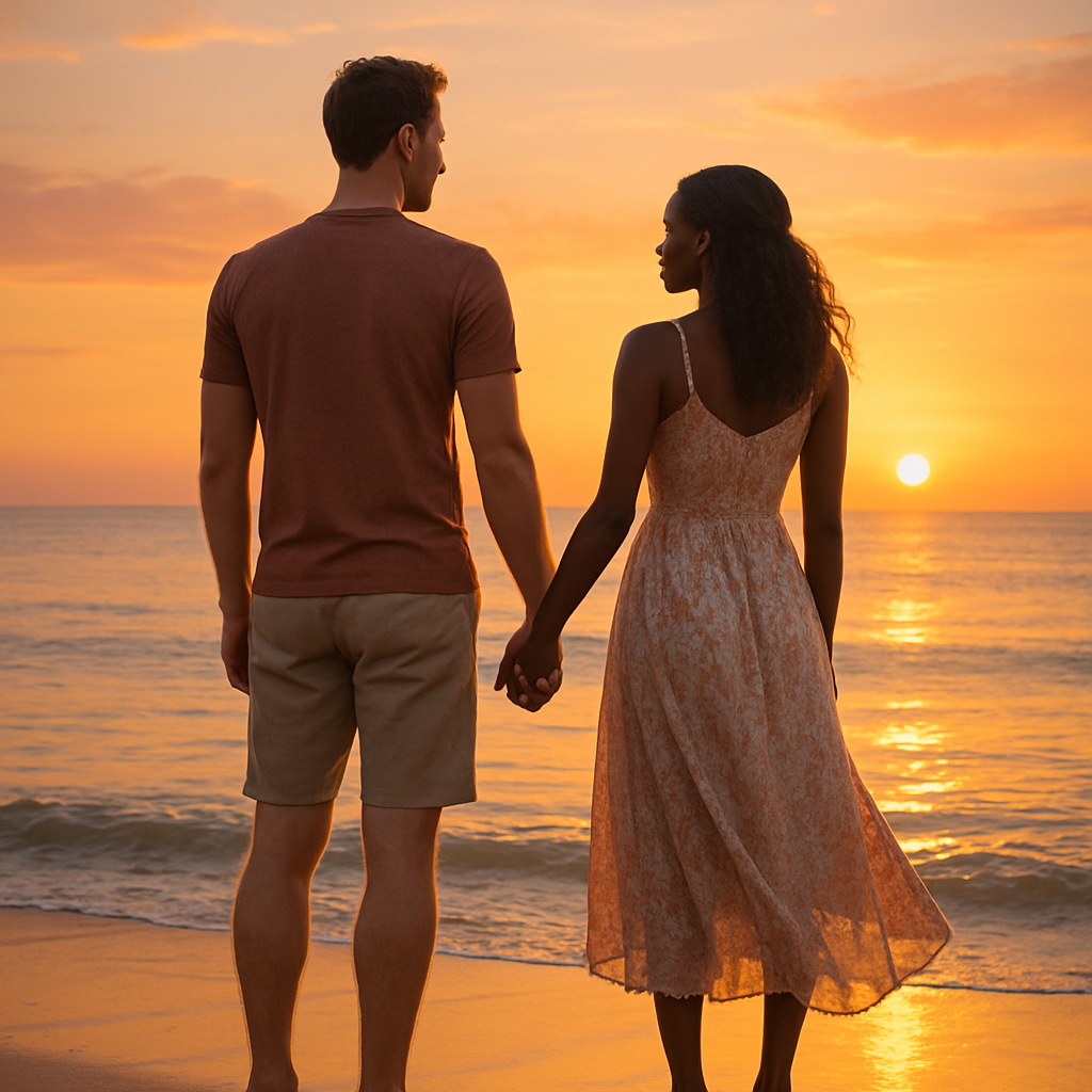 A loving couple stands barefoot at the waters edge during a calm sunset holding hands and looking out over the ocean together The man a tall Caucasian