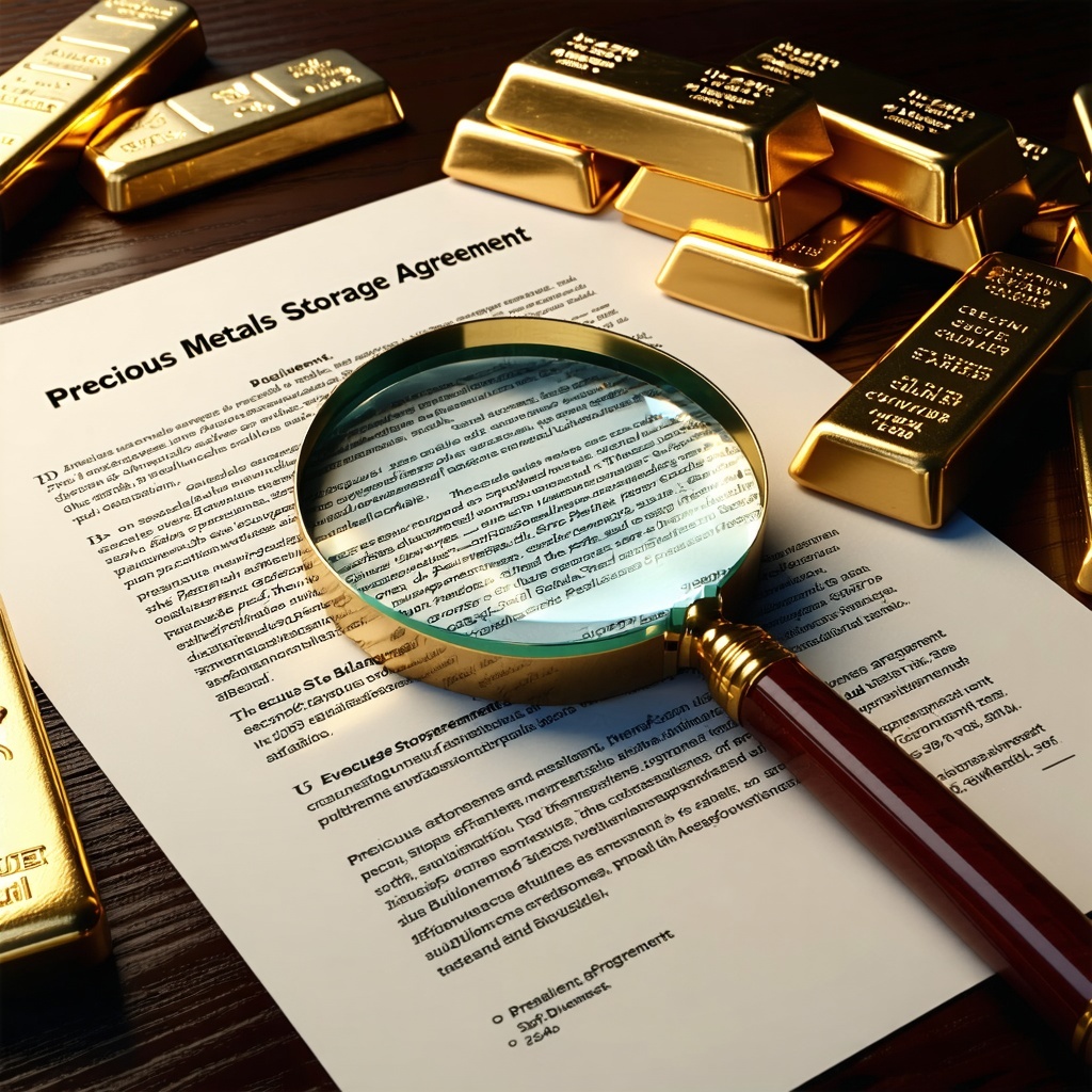A magnifying glass hovering over a detailed Precious Metals Secure Storage agreement with bullion bars scattered around on a dark wooden desk Soft lighting highlighting the fine print evoking themes of transparency due diligence and accountability