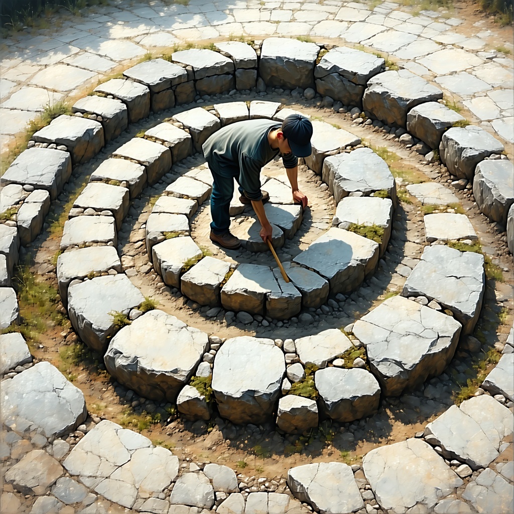 A person placing the final stone in a path fashioned in the shape of a Fibonacci spiral theyve built themselves The scene is grounded with the subject centered and calm Symbolizes agency structure and intentional creation Earth tones balance clarity-1