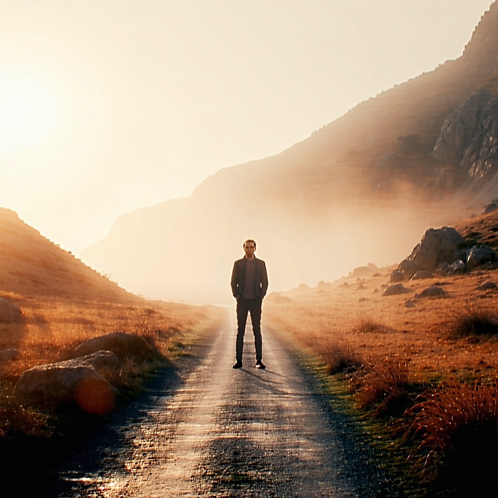 A person standing confidently at a crossroads in a natural landscape looking forward with clarity The path behind is foggy the path ahead is clear and sunlit Symbolizes ownership of ones journey Warm tones grounded posture subtle light on the figures