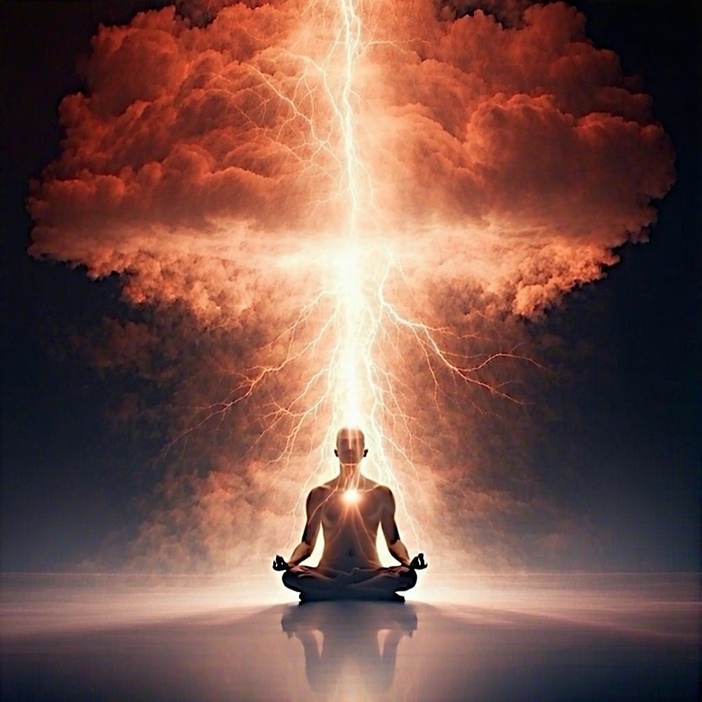 A radiant spark of light hovers gently above a seated human figure in meditation The figure is semitransparent revealing a glowing energy core within Behind them the mind a cloud of thoughts and the body a human silhouette are shown as separate layer