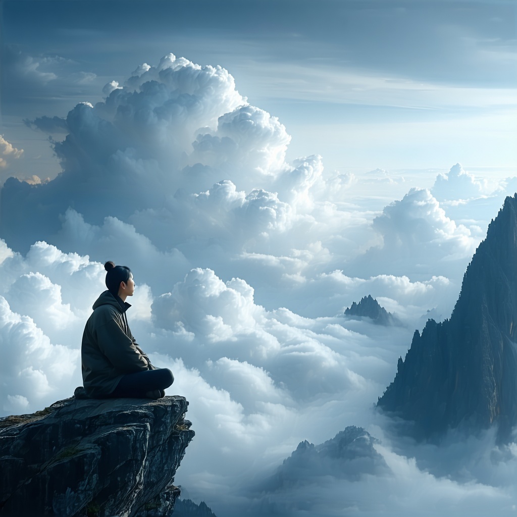 A serene figure sitting calmly on a mountain ledge observing clouds float by beneath them The persons face is still and detached watching thoughtforms pass like weather Use soft natural light and a wide open sky Gentle and contemplative-1