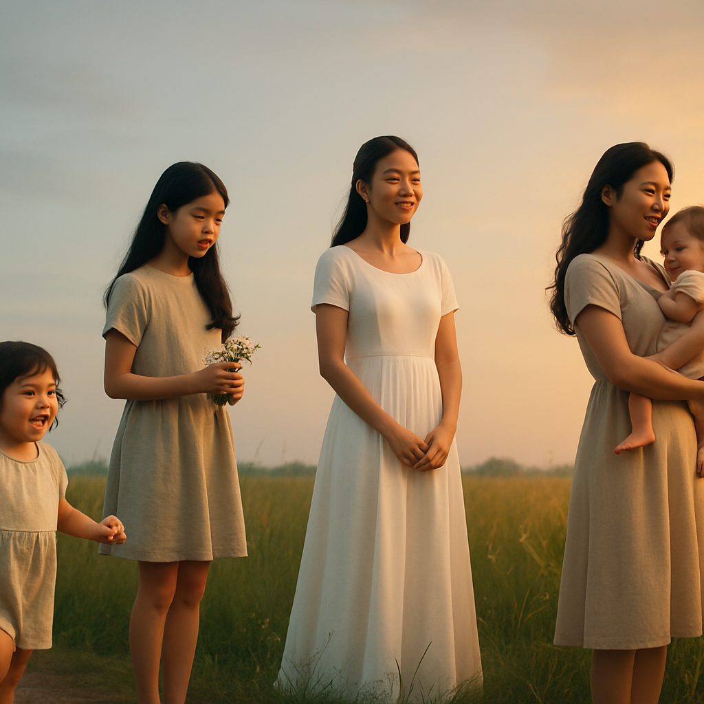 A single elegant cinematic image showing the same ChineseMalay Singaporean woman at four key stages of her life arranged gracefully from left to right-Oct-27-2025-11-29-07-5638-PM