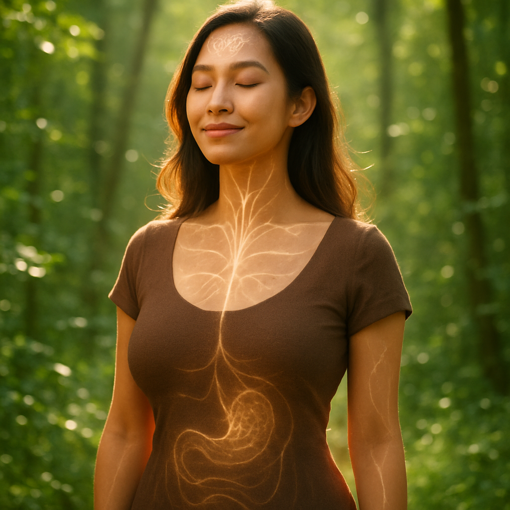 A slim beautiful and elegant ChineseMalay Singaporean woman in her mid30s standing in a lush green forest eyes gently closed a serene smile expressing-4