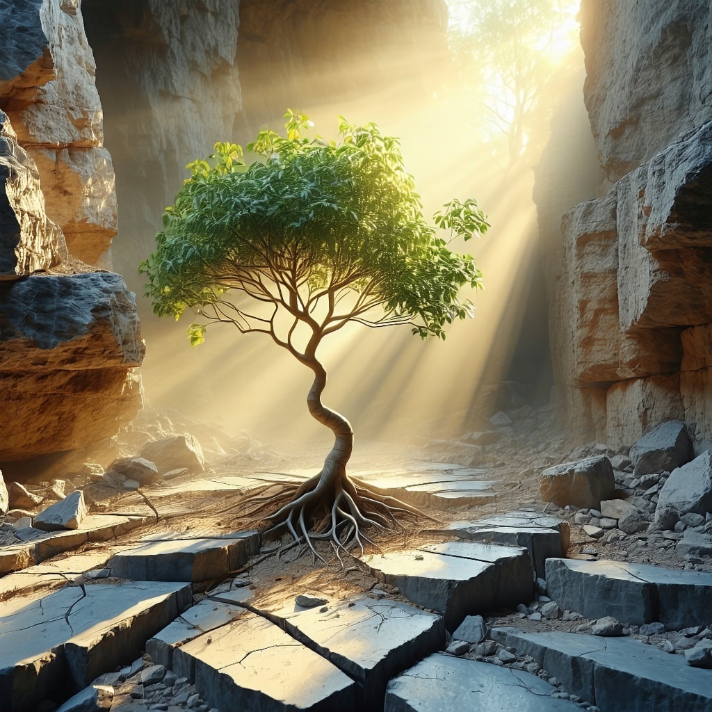 A small tree growing through cracked stone reaching toward golden light The setting feels both difficult and hopeful Emphasize resilience and beauty emerging through challenge Uplifting and symbolic-1