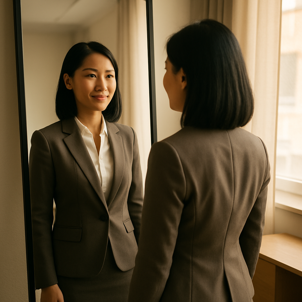 A smart elegant ChineseMalay Singaporean woman in her late30s stands in front of a tall freestanding mirror in her softly lit apartment or modern work-1