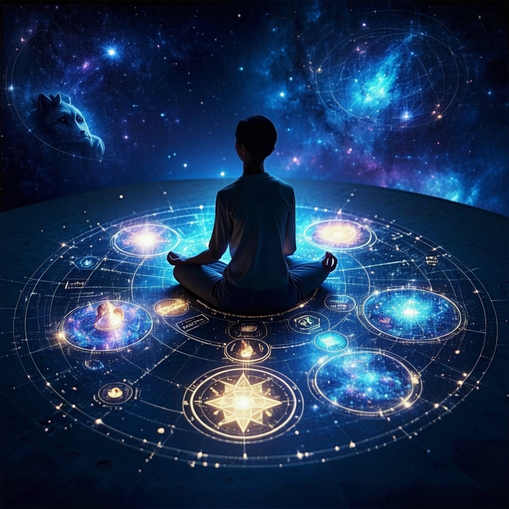 A soul surrounded by a celestial planning circle a round table with glowing symbols representing different life paths family heartbreak healing challenge joy The soul calmly reviews these as if making sacred choices before birth Star maps and soul g-3