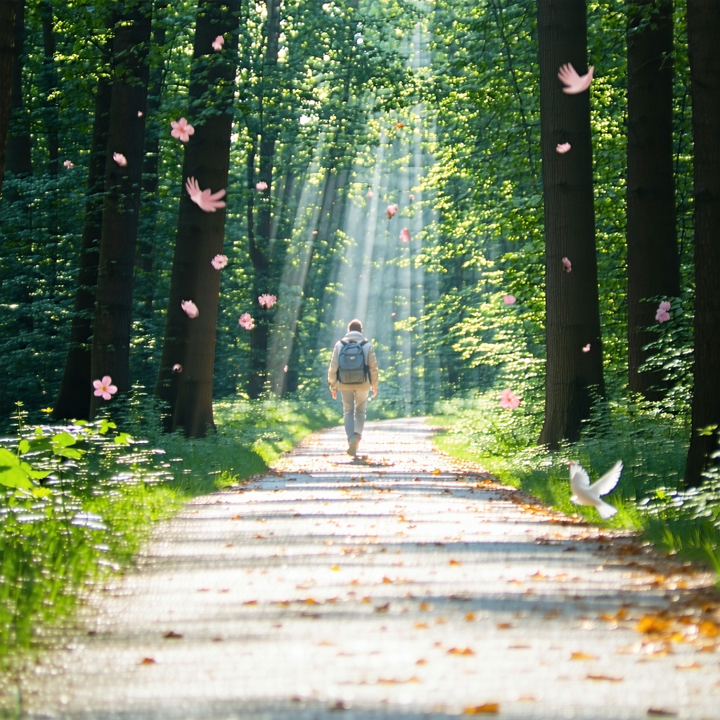 A sundrenched forest path where leaves fall gently around a traveler walking peacefully forward The light ahead radiates warmth Along the path small symbols of compassion open hands doves soft pink flowers appear subtly embodying forgiveness acceptan-1