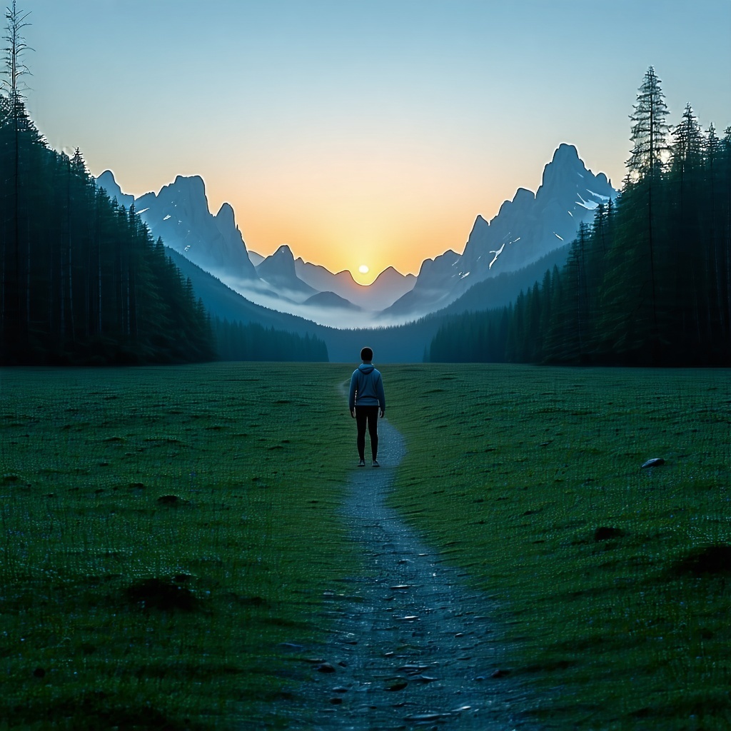 A symbolic scene of a person standing at the edge of a forest clearing at dawn with a winding path ahead leading toward glowing mountains in the distance The atmosphere should evoke a sense of new beginnings clarity and empowered choice Blend themes-1