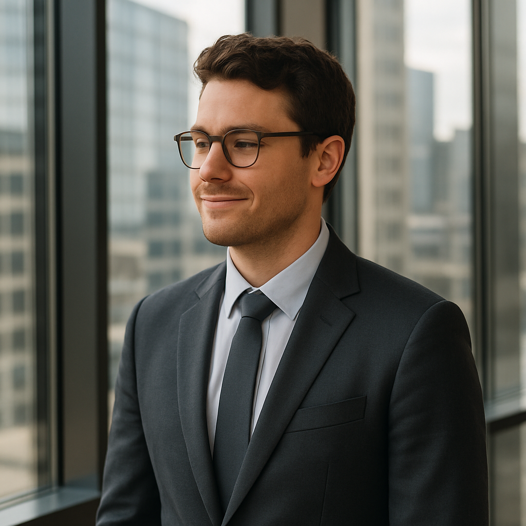 A thoughtful Australian man in his late 20s stands in a modern office building with glass windows and a cityscape behind him He wears a simple wellfit