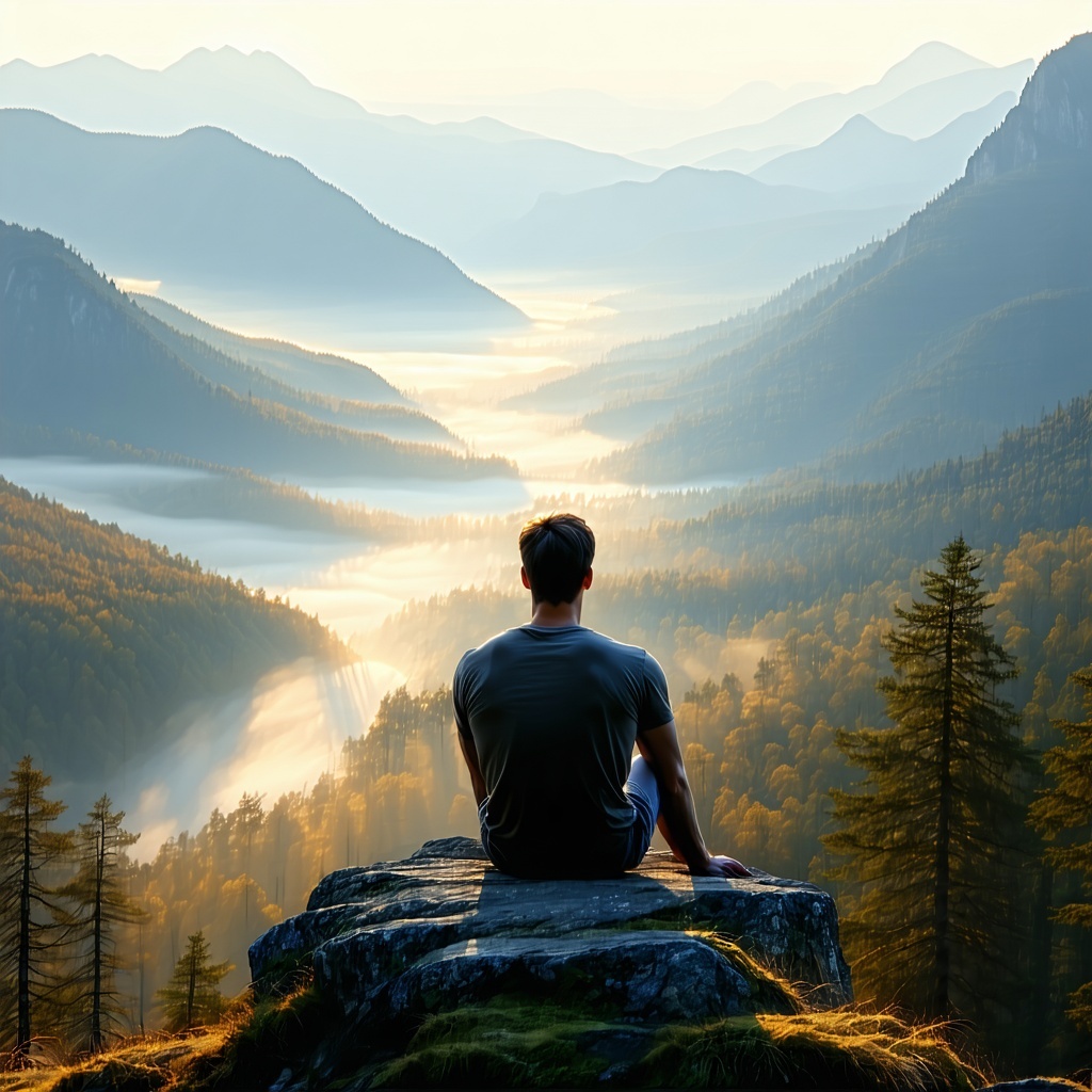 A thoughtful grounded man sits quietly on a high ridge at sunrise overlooking a vast valley of misty forests and distant mountain peaks The light is soft and golden symbolizing clarity and new beginnings The scene evokes a sense of solitude strength-3