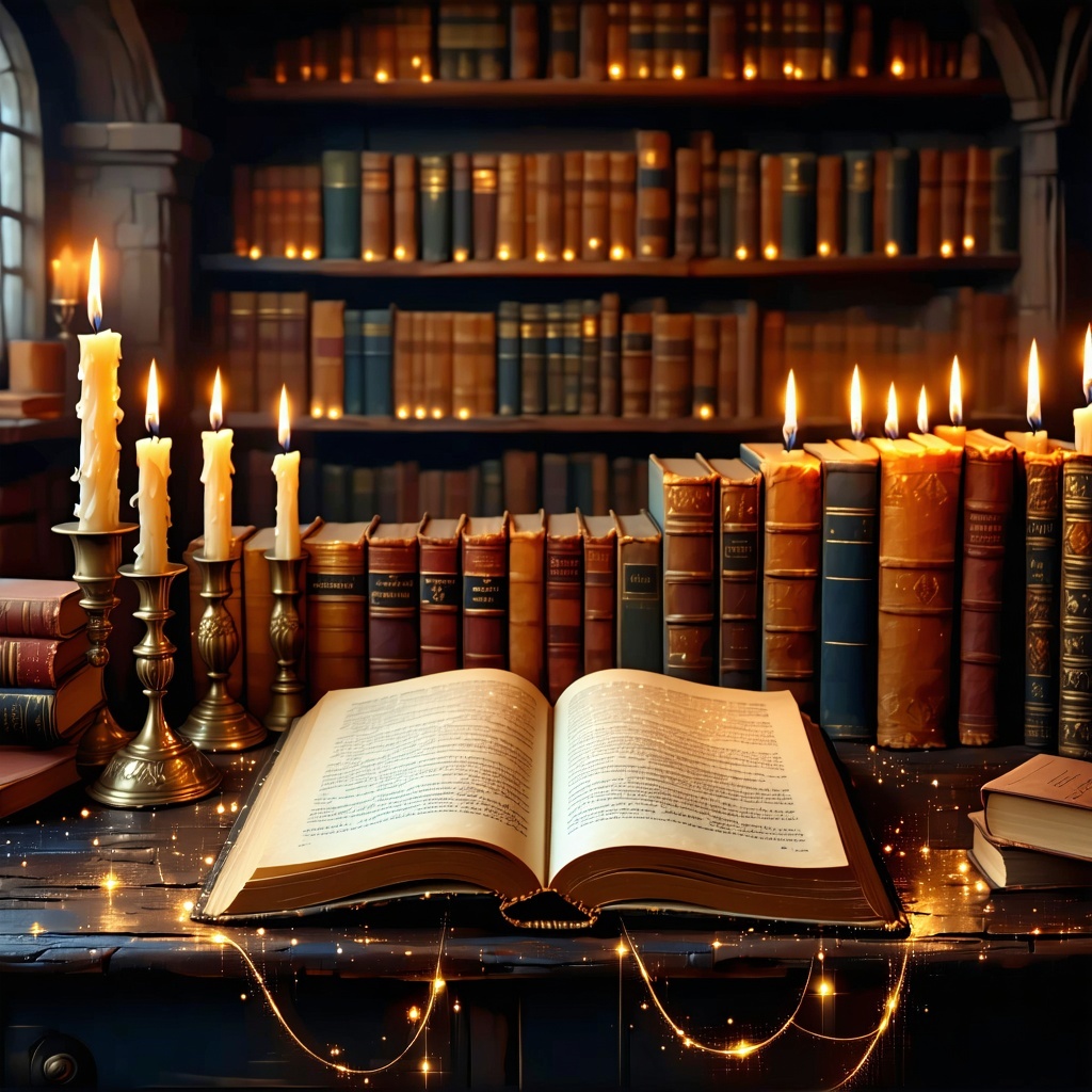 A vintage library or old study filled with warm candlelight ancient books open on a desk Subtle ghosted portraits of influential thinkers and mystics faceless or obscured fade into the background  suggesting continuity of wisdom A soft golden thread