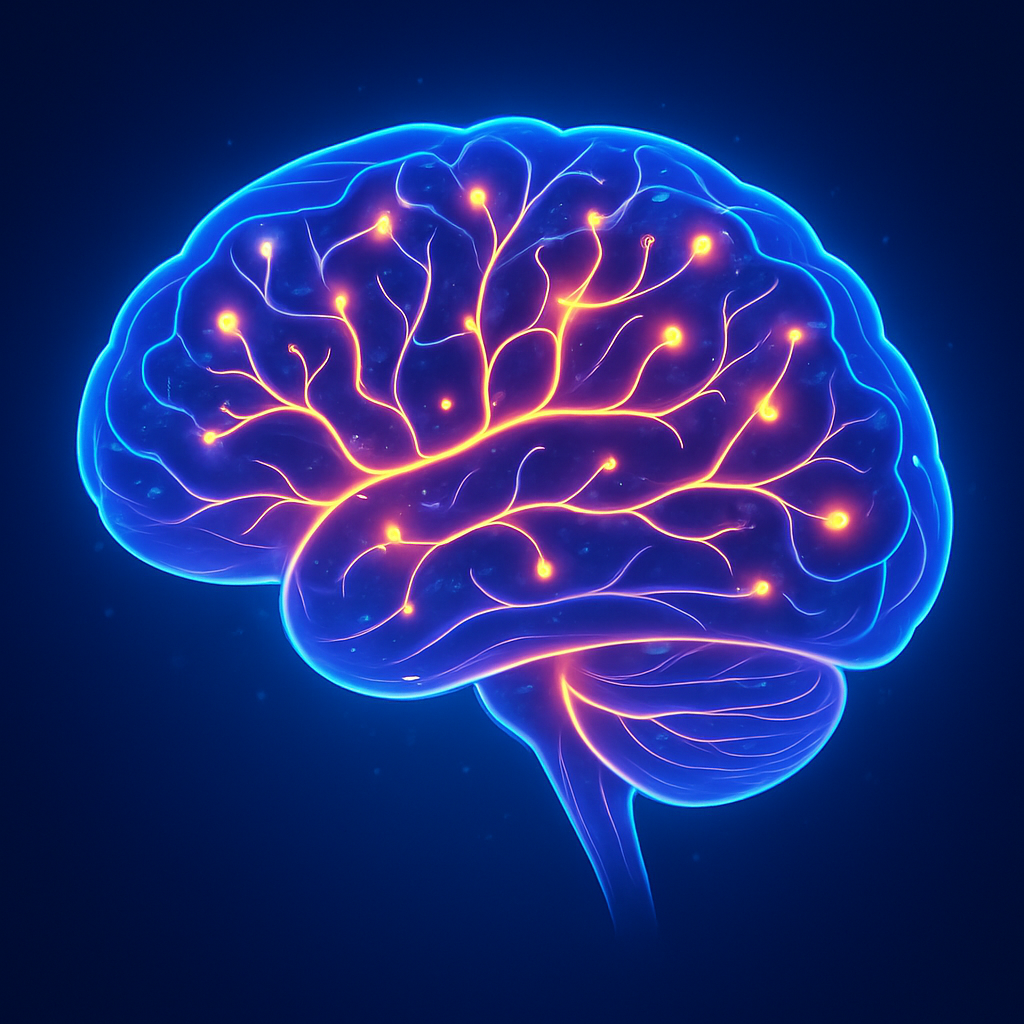 A visually striking modern digital illustration of the human brain glowing with vibrant neural pathways The design should feel inspiring and scientific yet approachable using a clean color palette of blues purples and warm highlights The style should-1