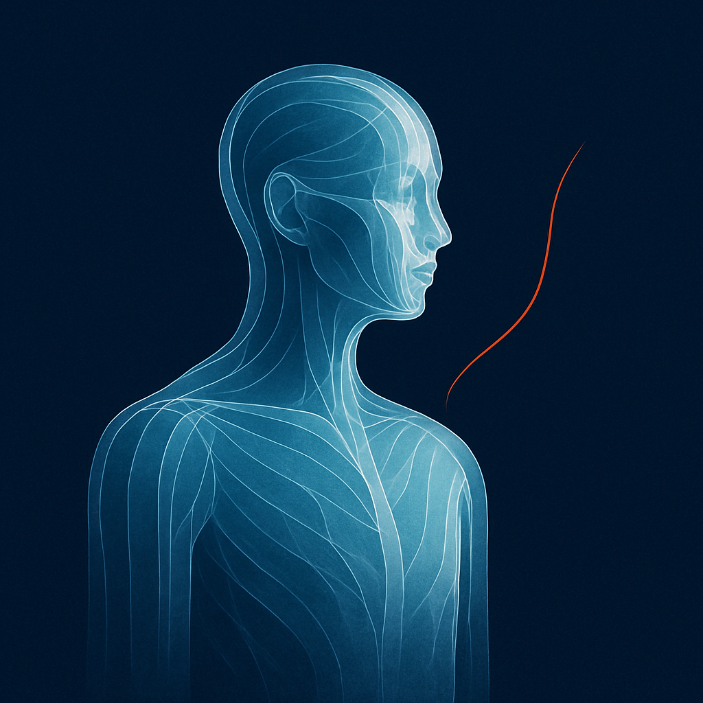 Create a conceptual image of a transparent human figure made of layered glass or light subtly reflecting shades of blue silver and white The background should be AWLGRIP navy blue 0C1C40 with a thin orange line accent to indicate vitality and growth-1