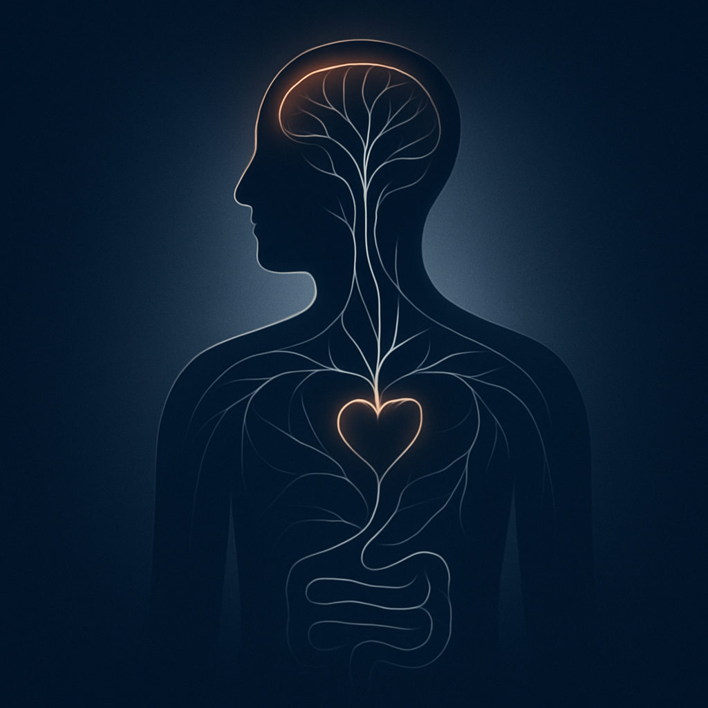 Create a minimalist conceptual image showing a human silhouette filled with soft silver neural pathways connecting brain heart and gut Use a deep AWLGRIP navy blue 0C1C40 background with gradients of soft white and silver light Add a thin energetic o