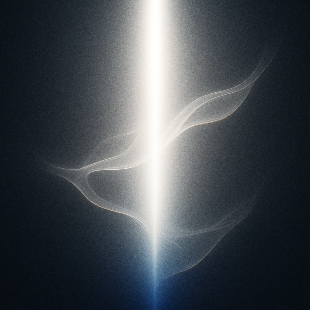 Create a vertical column of light connecting above and below  fading from deep AWLGRIP navy blue 0C1C40 at the base to pure white at the top Surround it with gentle waves of silver energy and a subtle orange halo or accent line The composition should