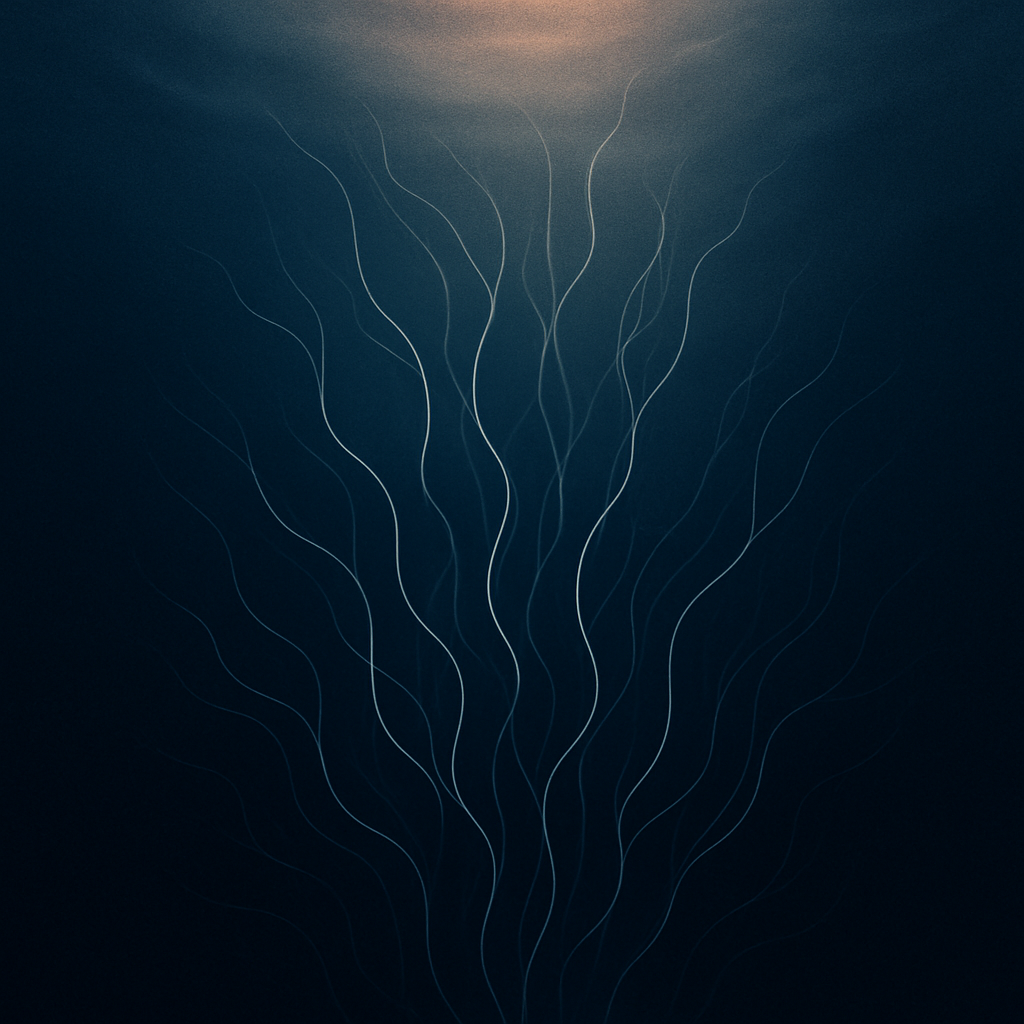 Design a deep abstract oceanlike scene showing hidden neural currents or silver threads rising toward the surface light Use layered gradients of AWLGRIP navy blue 0C1C40 soft silver and white suggesting depth and mystery Add a faint orange glimmer ne