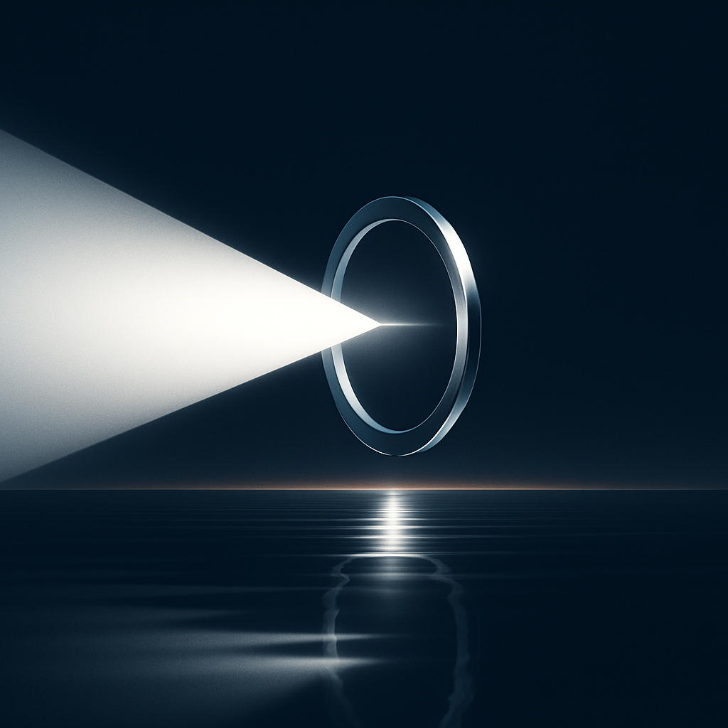 Generate a clean modern image of a focused beam of white light passing through a silver circular lens above a calm reflective surface symbolizing clarity and awareness Use a dark AWLGRIP navy blue 0C1C40 background with silver and soft white highligh