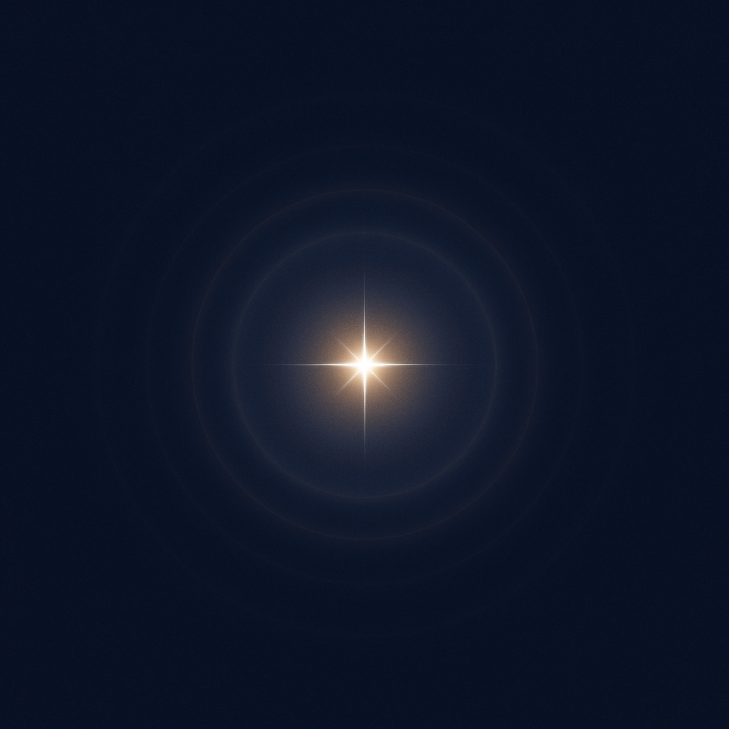 Generate a minimalist image showing a radiant whitegold point of light at the center of a deep AWLGRIP navy blue 0C1C40 field Surround it with soft concentric ripples of silver and subtle orange glow evoking timeless awareness and inner stillness Kee-3