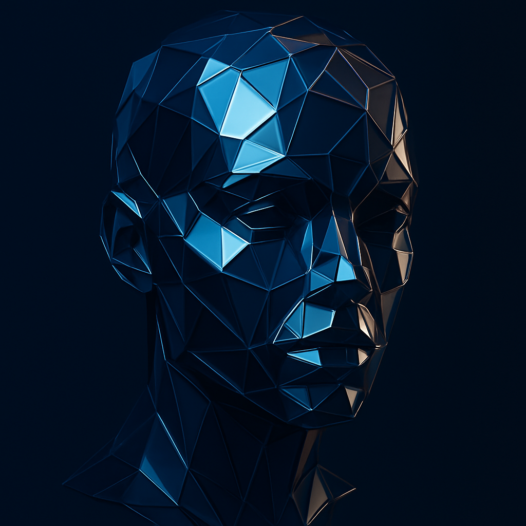 Produce a sleek modern image of a human face or bust formed from geometric glass fragments partly illuminated partly in shadow Use AWLGRIP navy blue 0C1C40 as the dominant tone with silver and soft white highlights and a faint orange edge glow The m-1