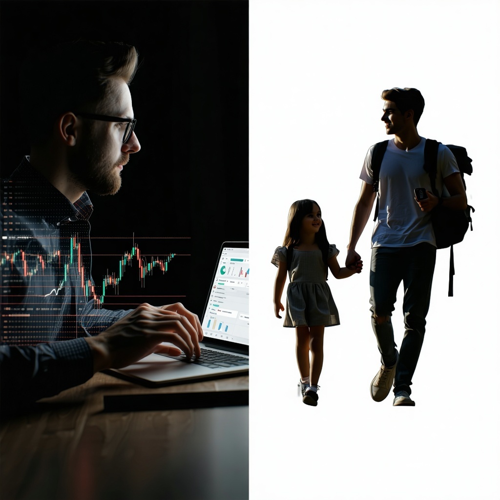 Splitscreen image showing diverse motivations one side a professional at a laptop viewing a BTC chart the other side a young couple holding hands with a digital wallet open Clean modern optimistic feel-3