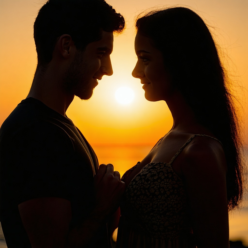 Two people standing face to face with a glowing light or symbolic reflection connecting them through their hearts or eyes Use soft goldenhour lighting warm connection and emotional depth Sacred and intimate-3