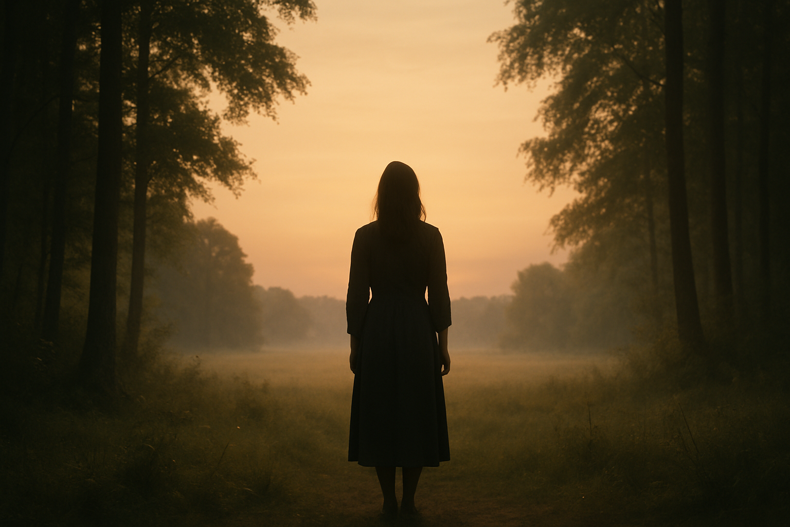 A lone female figure standing at the edge of a forest clearing at dawn soft golden light filtering through trees The figure is paused in stillness fac-2