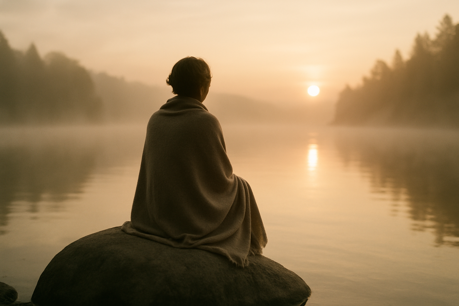 A single figure seated on a large rock at the edge of a still lake at sunrise wrapped in a soft shawl or blanket The figure gazes out over the water s-1