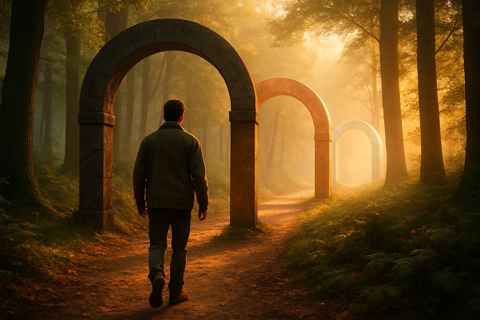 cinematic A cinematic forest path at sunrise with golden light filtering through the trees A man walks forward along the path seen from behind He is w-1